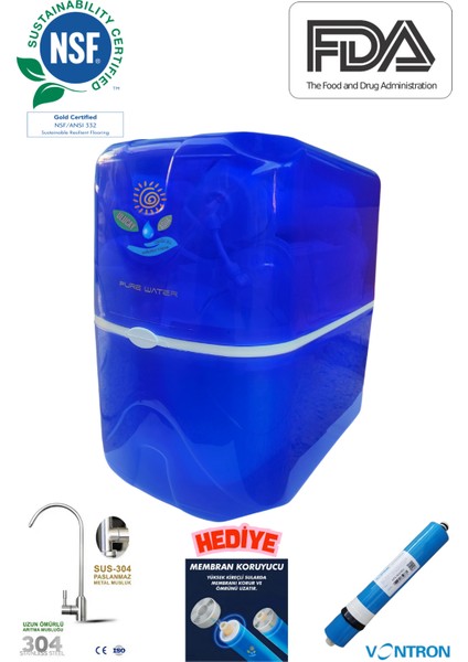 Su Arıtma Cihazı Mavi Şeffaf 8 Litre Tanklı Vontron Membranlı Nsf ve Fda Onaylı