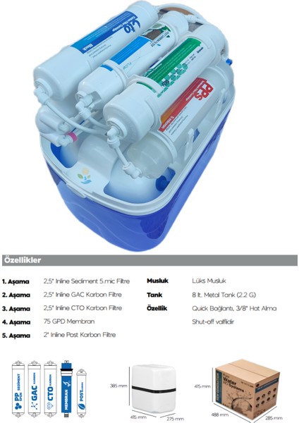 Su Arıtma Cihazı Mavi Şeffaf 8 Litre Tanklı Vontron Membranlı Nsf ve Fda Onaylı fiyatları
