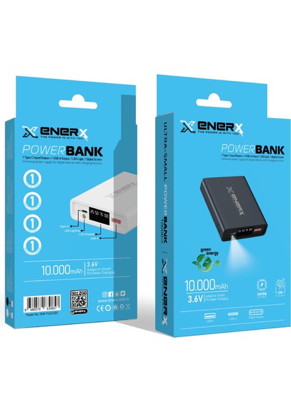 Enerx Powerbank 10000 Mah 2.1 Amper LED Göstergeli ENR-P1025DC Siyah
