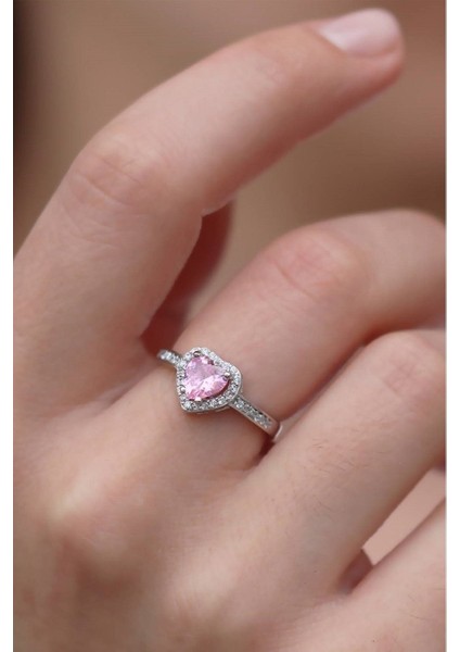 Çelik Pembe Ayarlanabilir Kadın Kalpli Pandora Gümüş Yüzük