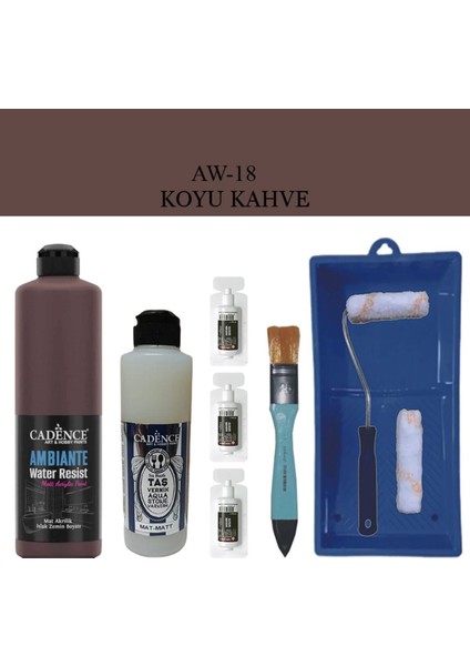 Boya Fayans Tezgah B-Ambiente Islak Zemin Aw-18 K.kahve 500ML Katalizör 30GR Mat Taş Vernik 250 Saten Rulo Set