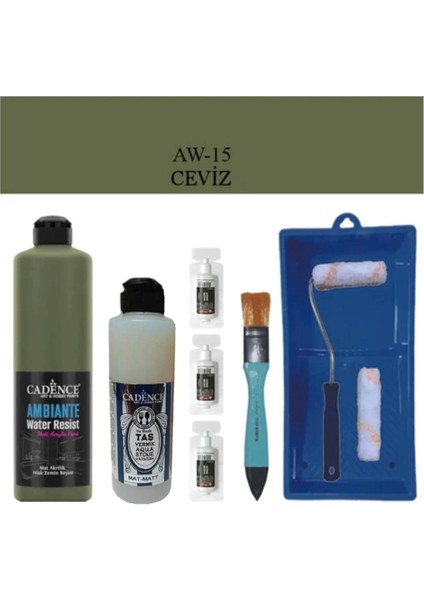 Boya Fayans Tezgah B-Ambiente Islak Zemin Aw-15 Ceviz 500ML Katalizör 30GR Mat Taş Vernik 250 Saten Rulo Set