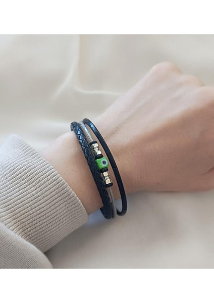 Bileklik Hakiki Deri Örgü Unisex 20 cm Cam Nazar Boncuklu Bilezik Takı Aksesuar fiyatları