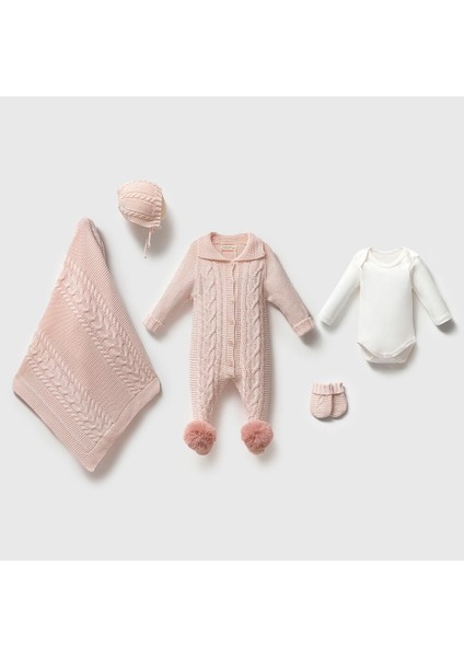 8274N Kız Bebek Triko Carmen Örgülü 5'li Kutulu Naturel Hastane Çıkış Seti