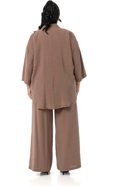 Büyük Beden Geniş Kesim Gömlek Pantolon Kahverengi Ikili Takım modelleri