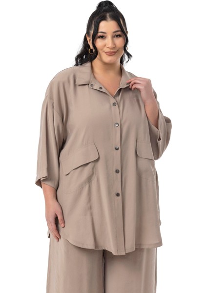 Büyük Beden Geniş Kesim Gömlek Pantolon Vizon Ikili Takım fiyatları