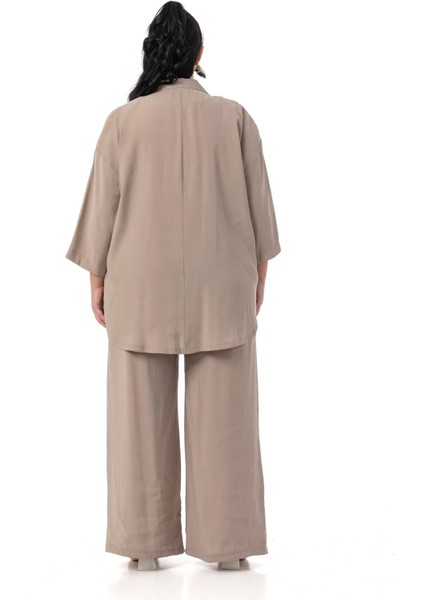 Büyük Beden Geniş Kesim Gömlek Pantolon Vizon Ikili Takım modelleri