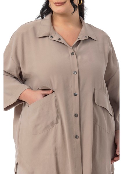 Büyük Beden Geniş Kesim Gömlek Pantolon Vizon Ikili Takım fırsatları