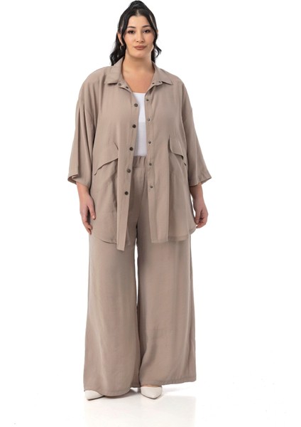 Büyük Beden Geniş Kesim Gömlek Pantolon Vizon Ikili Takım indirimleri