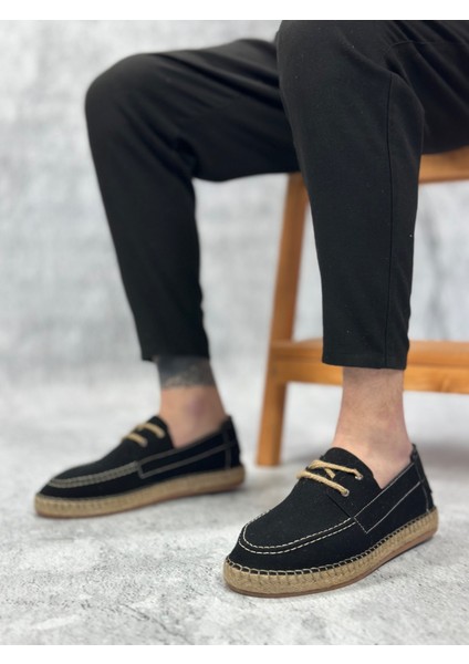 BA0358 Boa Doğal Deri Tozu Bağcıklı Kauçuk El Yapımı Espadril Taban Siyah Renk Erkek Ayakkabı fırsatları