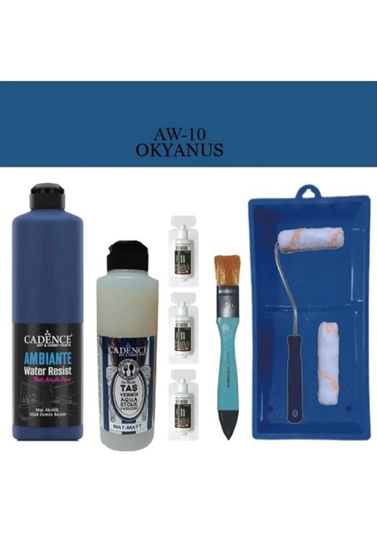 Boya Fayans Tezgah B-Ambiente Islak Zemin Aw-10 Okyanus 500ML Katalizör 30GR Mat Taş Vernik 250 Saten Rulo Set