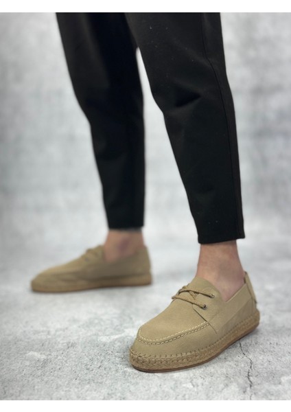 BA0358 Boa Doğal Deri Tozu Bağcıklı Kauçuk El Yapımı Espadril Taban Bej Renk Erkek Ayakkabı modelleri