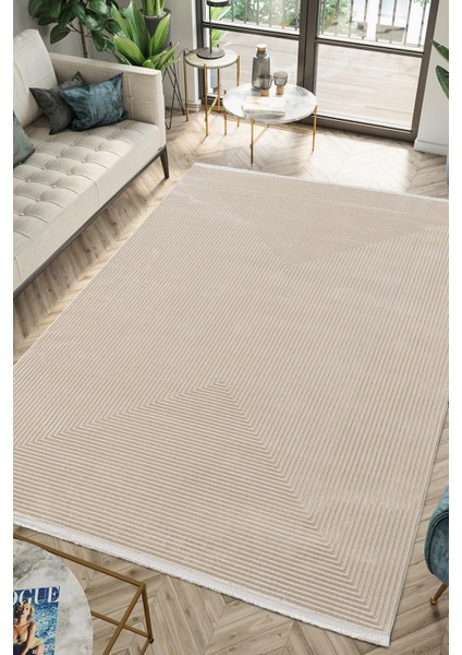 Marsilya Bej Halı Vizon Halı Sade Geometrik Desenli Modern Ince Akrilik Salon Halısı Bohem Tarz Halı
