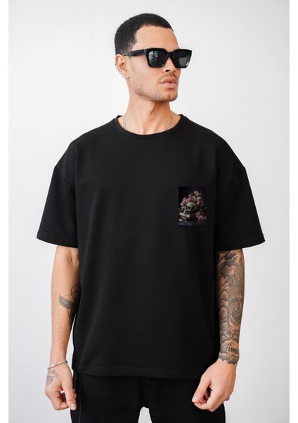 Oversize Kalıp Kuru Kafa Baskılı Unisex Tişört