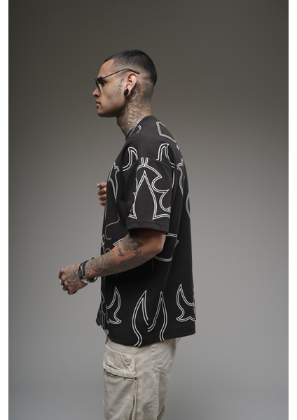 Bisiklet Yaka Desenli Oversize Kalıp Unisex Tişört
