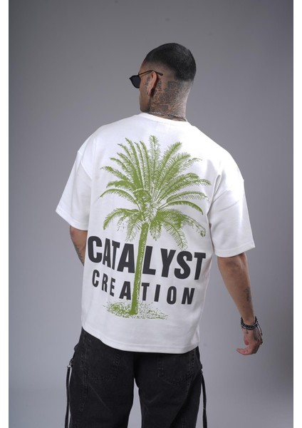 Bisiklet Yaka Palmiye Ağaç Baskılı Unisex Oversize Kalıp Tişört