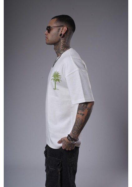 Bisiklet Yaka Palmiye Ağaç Baskılı Unisex Oversize Kalıp Tişört modelleri