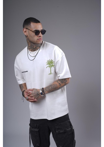 Bisiklet Yaka Palmiye Ağaç Baskılı Unisex Oversize Kalıp Tişört fırsatları