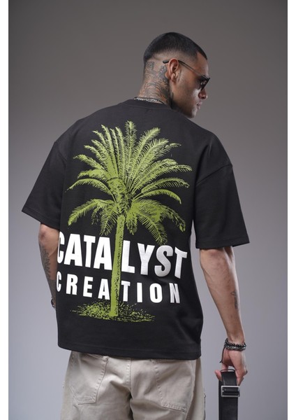 Bisiklet Yaka Palmiye Ağaç Baskılı Unisex Oversize Kalıp Tişört