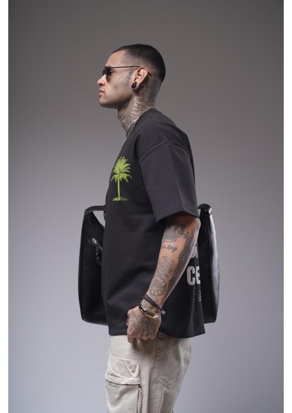 Bisiklet Yaka Palmiye Ağaç Baskılı Unisex Oversize Kalıp Tişört modelleri