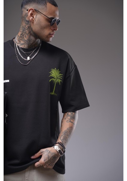 Bisiklet Yaka Palmiye Ağaç Baskılı Unisex Oversize Kalıp Tişört fırsatları