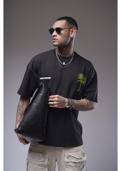 Bisiklet Yaka Palmiye Ağaç Baskılı Unisex Oversize Kalıp Tişört indirimleri