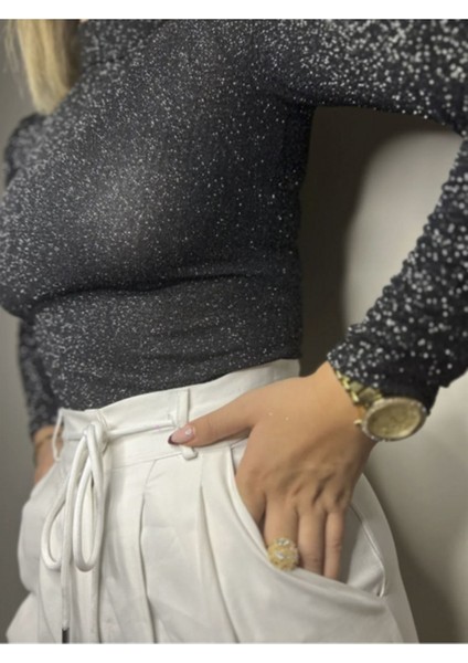 Parıltılı Şıklık: Siyah Işıltılı Uzun Kollu Bodysuit fiyatları