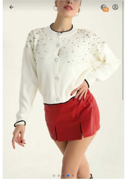 Shimmer Pearl Glow Inci ve Taş Detaylı Triko Hırka