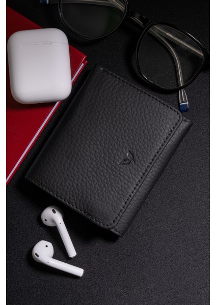 Magnus - Unisex Siyah Trifold Hakiki Deri Cüzdan