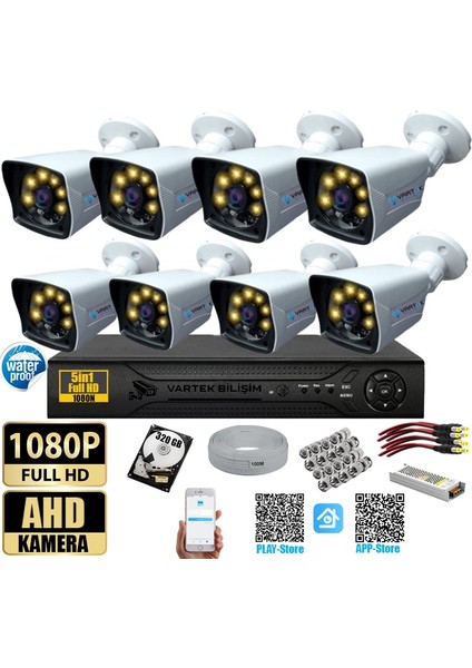 8 Kameralı Gece Renkli 5mp Lensli 1080P Fullhd Kamera Seti - Sabit Ip Gerektirmez-Tak Çalıştır