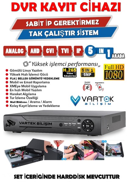 8 Kameralı Gece Renkli 5mp Lensli 1080P Fullhd Kamera Seti - Sabit Ip Gerektirmez-Tak Çalıştır