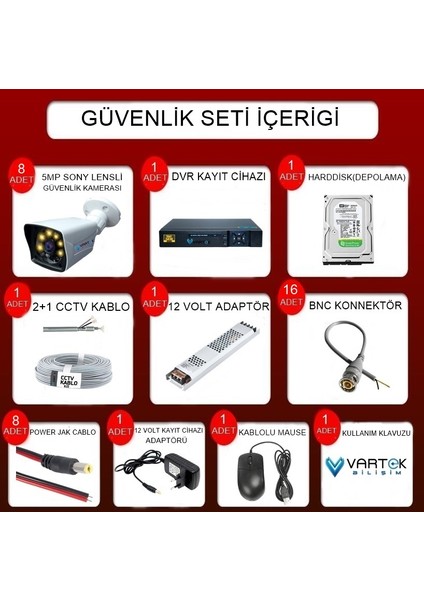 8 Kameralı Gece Renkli 5mp Lensli 1080P Fullhd Kamera Seti - Sabit Ip Gerektirmez-Tak Çalıştır