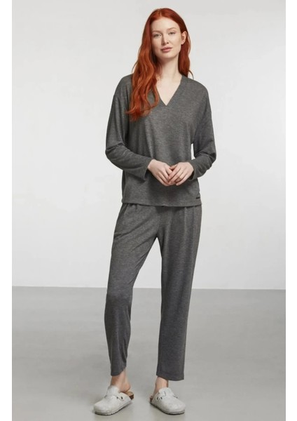 Antrasit V Yaka Örme Pijama Takımı