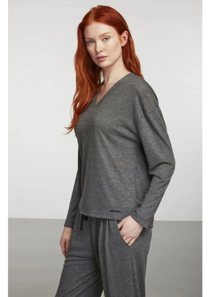 Antrasit V Yaka Örme Pijama Takımı modelleri