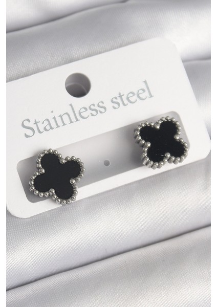 316L Çelik Gümüş Renk Siyah Yonca Model Kadın Küpe