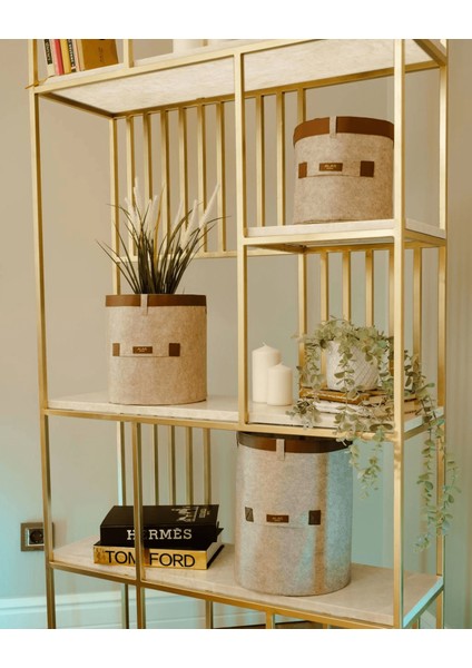 Deri Şeritli Yuvarlak Çok Amaçlı Düzenleyici Organizer Kutu Keçe Sepet (3'lü Set) ( Lisinya )