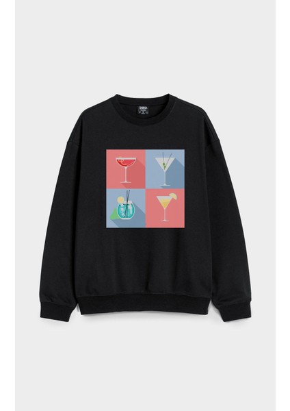 Kokteyl Baskılı Bisiklet Yaka Kapşonsuz Siyah 3 Iplik Sweatshirt