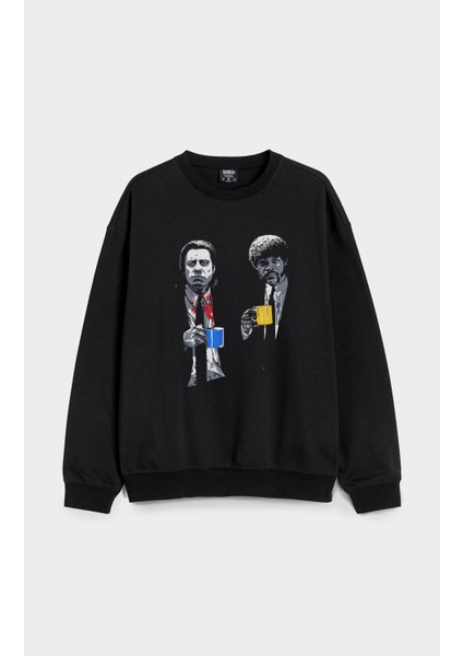 Ucuz Roman (Pulp Fiction) Baskılı Bisiklet Yaka Kapşonsuz Siyah 3 Iplik Sweatshirt