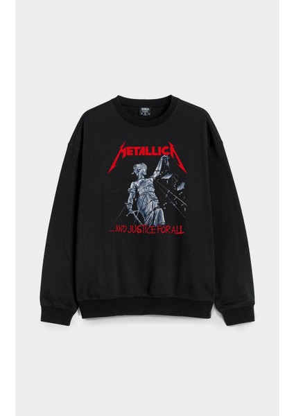 Metallica Müzik Grubu Baskılı Bisiklet Yaka Kapşonsuz Siyah 3 Iplik Sweatshirt