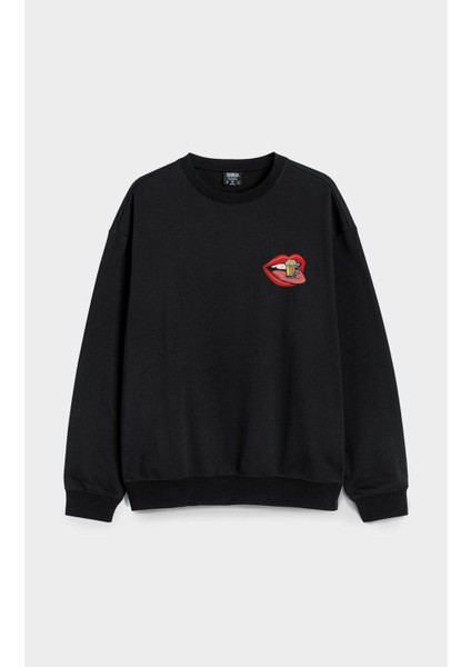 Bira Beer Baskılı Bisiklet Yaka Kapşonsuz Siyah 3 Iplik Sweatshirt