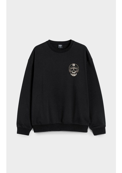 Kuru Kafa Baskılı Bisiklet Yaka Kapşonsuz Siyah 3 Iplik Sweatshirt