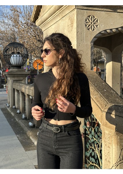 Fermuarlı Fitilli Bluz Siyah