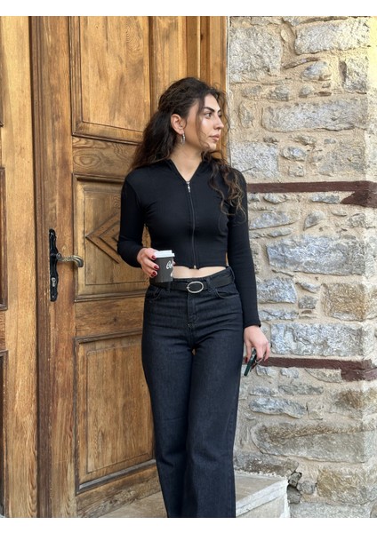 Fermuarlı Fitilli Bluz Siyah