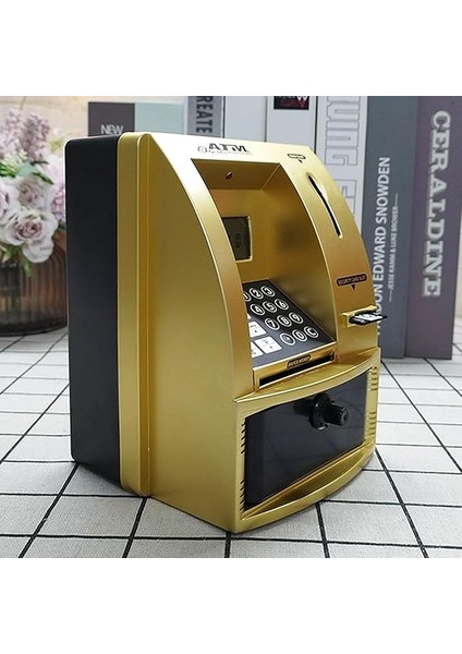 LCD Ekran Atm Şifreli Kumbara Kağıt Demir Para Girişli Kartlı Sesli Yönlendirme Takvim Saat