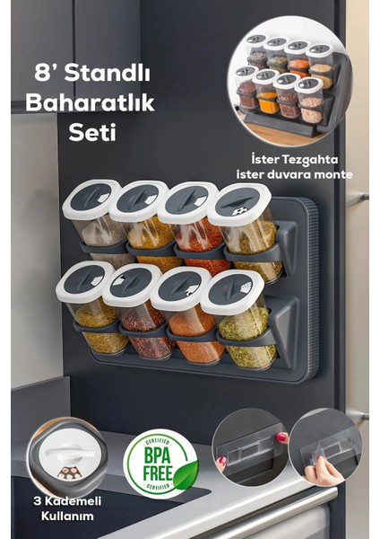Henna 8li Etiketli Asmalı Kendinden Yapışkanlı Tezgah Üstü Standlı Döner Kapaklı Baharatlık Seti
