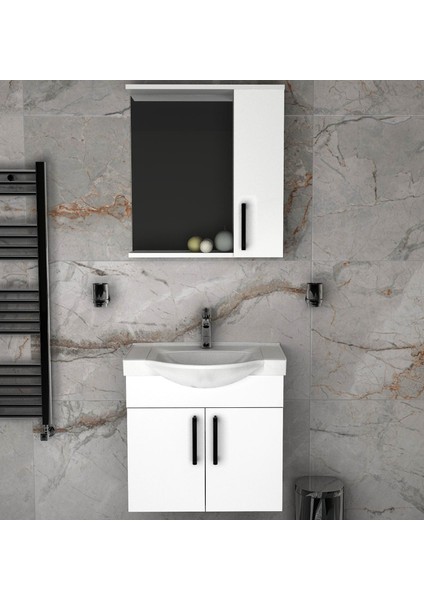 Lacrime 65 cm Beyaz Renkli Mdf, Oval Seramik Lavabolu, Alt ve Üst Dolaplı, Üst Dolap Aynalı, Banyo Dolabı Takımı