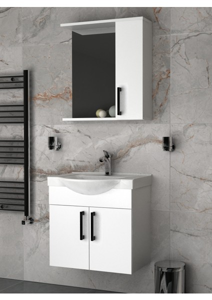 Lacrime 65 cm Beyaz Renkli Mdf, Oval Seramik Lavabolu, Alt ve Üst Dolaplı, Üst Dolap Aynalı, Banyo Dolabı Takımı