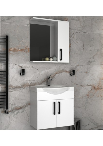 Lacrime 65 cm Beyaz Renkli Mdf, Oval Seramik Lavabolu, Alt ve Üst Dolaplı, Üst Dolap Aynalı, Banyo Dolabı Takımı
