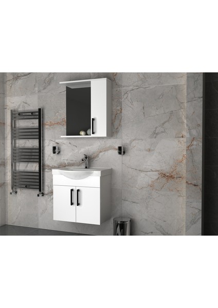Lacrime 65 cm Beyaz Renkli Mdf, Oval Seramik Lavabolu, Alt ve Üst Dolaplı, Üst Dolap Aynalı, Banyo Dolabı Takımı
