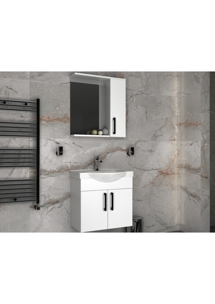 Lacrime 65 cm Beyaz Renkli Mdf, Oval Seramik Lavabolu, Alt ve Üst Dolaplı, Üst Dolap Aynalı, Banyo Dolabı Takımı